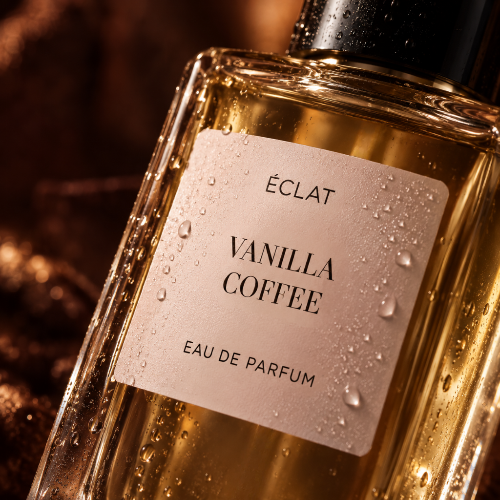 Fasetowany flakon ÉCLAT Vanilla Coffee z błyszczącą czarną zatyczką i teksturowaną etykietą, ozdobiony kroplami.