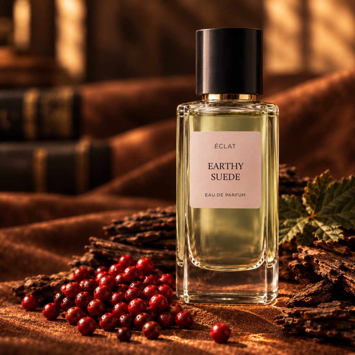 Flakon perfum ÉCLAT Earthy Suede z fasetkowym wzorem ze szkła i czarną nakrętką, otoczony jagodami i liśćmi na teksturowanym tle.
