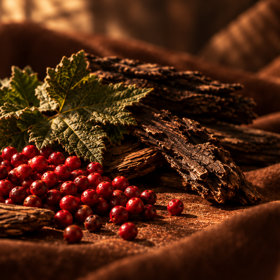 Kompozycja z czerwonych jagód, suszonej kory i zielonego liścia na brązowej tkaninie, przywołująca esencję ÉCLAT Earthy Suede.