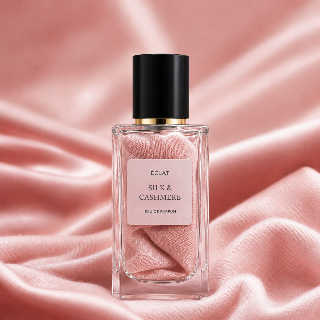 Fasadowa butelka z ÉCLAT Silk & Cashmere z czarną nakrętką, ustawiona na miękkiej różowej tkaninie.