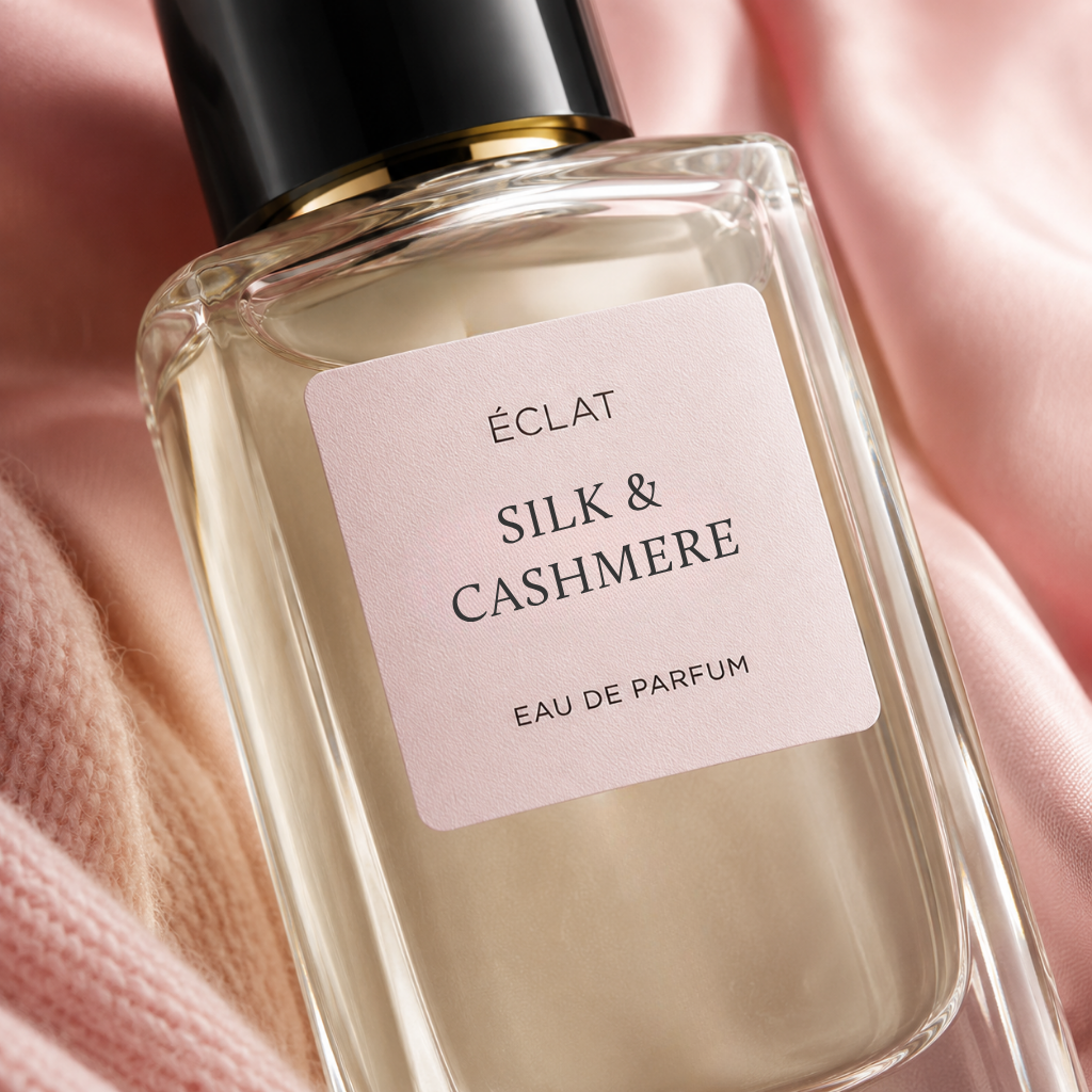 Flakon perfum ÉCLAT Silk & Cashmere z delikatnoróżową etykietą, umieszczony na różowej tkaninie podkreślającej elegancję.