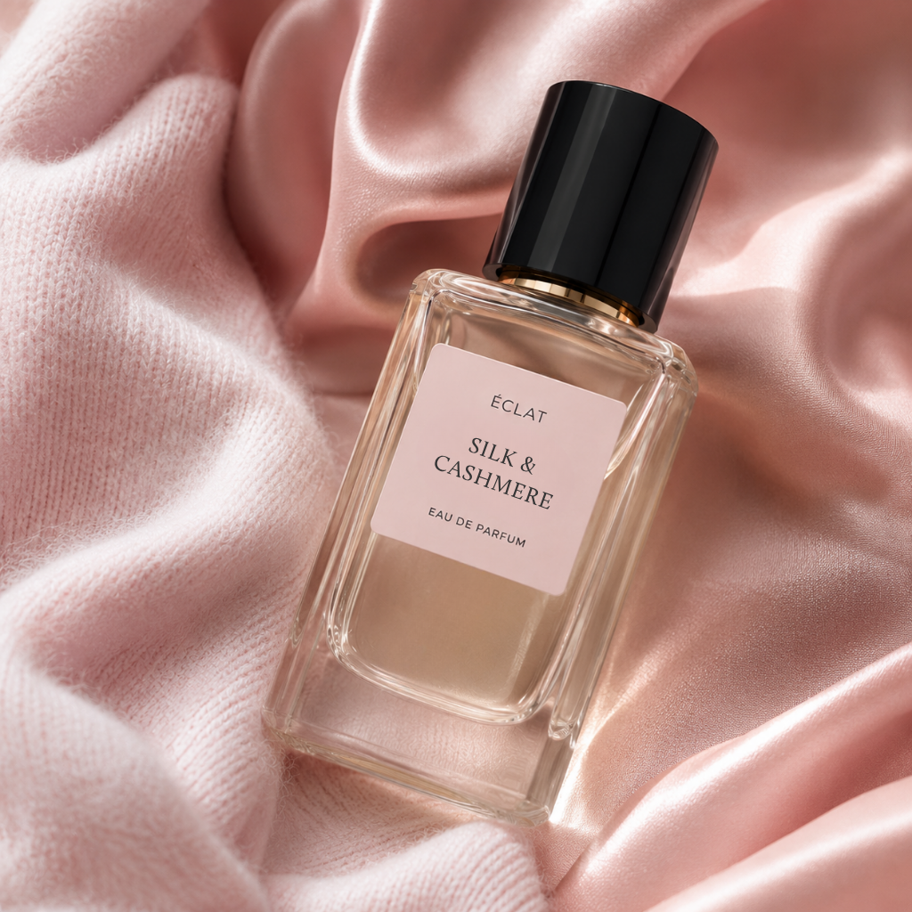Fasetowany szklany flakon ÉCLAT Silk & Cashmere na różowej jedwabnej tkaninie, z czarną nakrętką i delikatnym światłem.