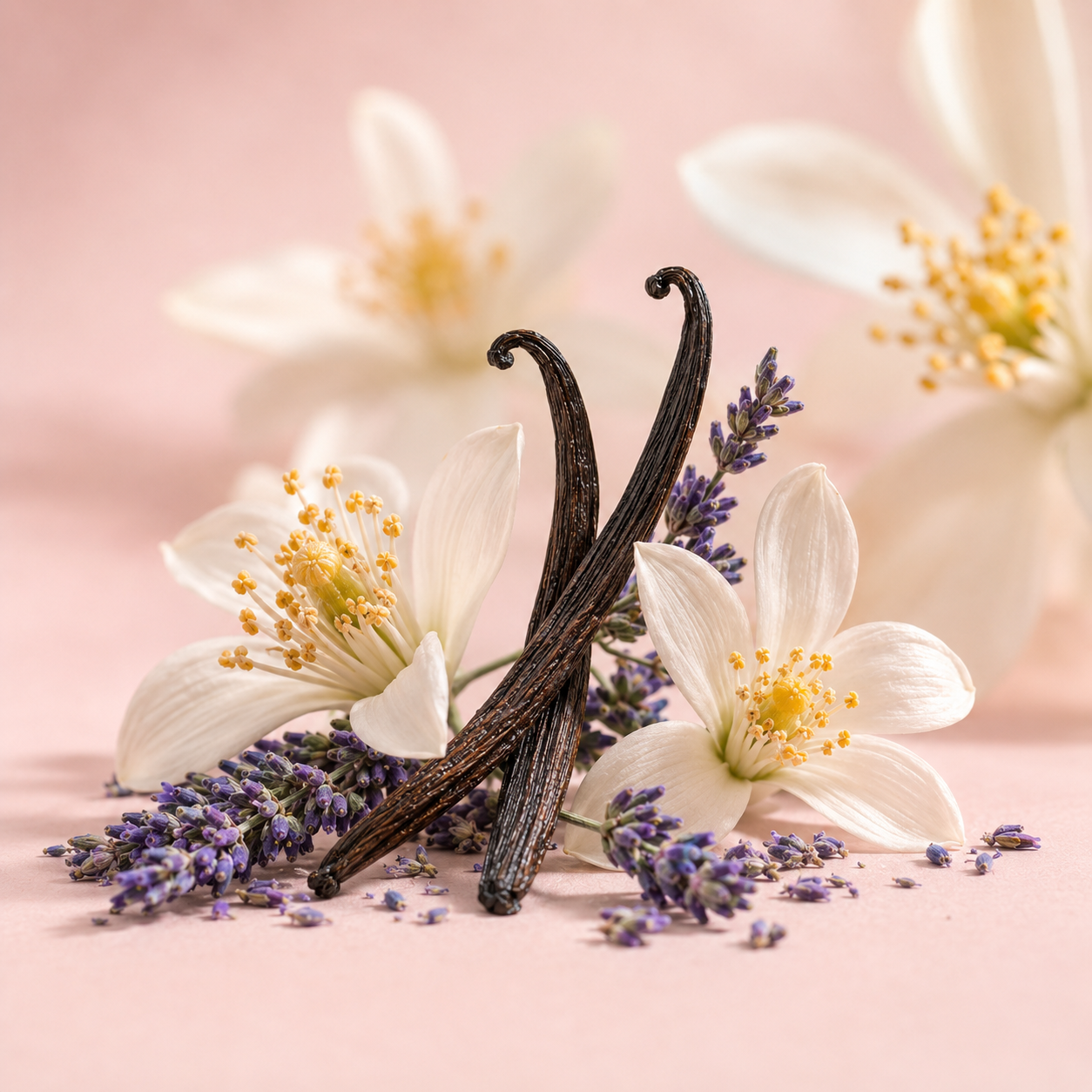 Delikatne kwiaty pomarańczy i gałązki lawendy splecione, na różowym tle, uosabiają ÉCLAT Orange Blossom & Lavender.