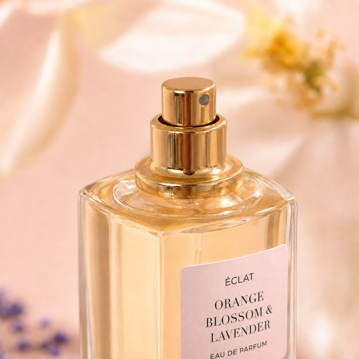 Fasetowana szklana butelka ÉCLAT Orange Blossom & Lavender ze złotą dyszą w sprayu na miękkim, kwiatowym tle.