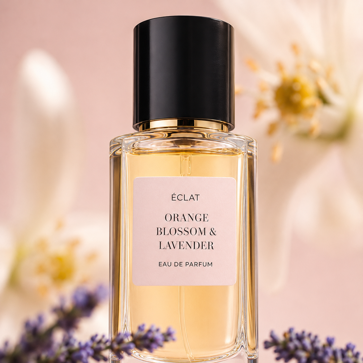 Fasetowana szklana butelka ÉCLAT Orange Blossom & Lavender z elegancką czarną nakrętką, otoczona lawendą i elementami kwiatowymi.