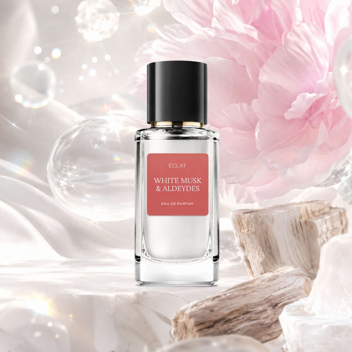 Fasadowana szklana butelka ÉCLAT White Musk & Aldehydes z czarną nakrętką, na tle miękkich różowych płatków i białych tekstur.