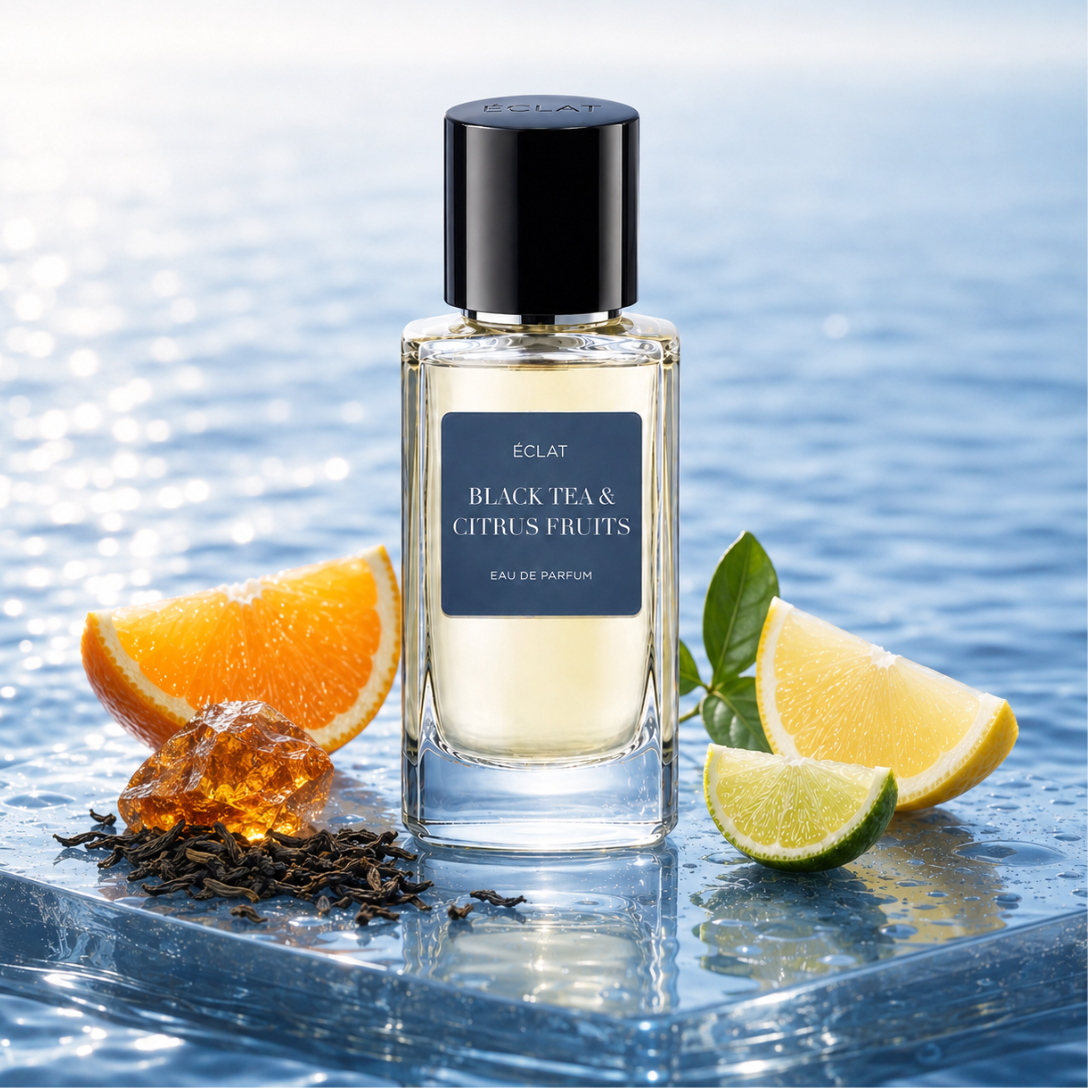 Wyrafinowana szklana butelka ÉCLAT Black Tea & Citrus Fruits z ciemnym korkiem, ozdobiona plastrami cytrusów, bursztynem i liśćmi herbaty na tle spokojnej wody.