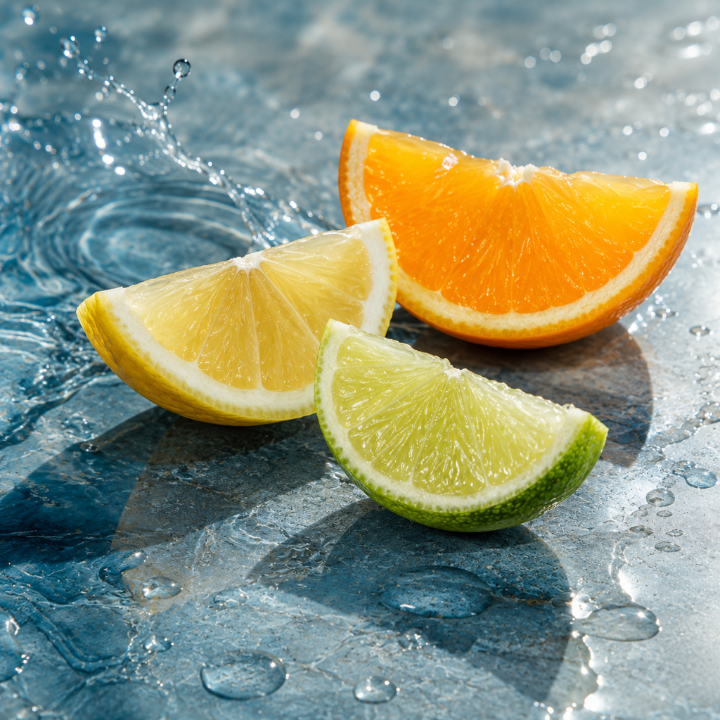 Plastry pomarańczy, cytryny i limonki na teksturowanej powierzchni z kroplami wody, oddające esencję ÉCLAT Black Tea & Citrus Fruits.