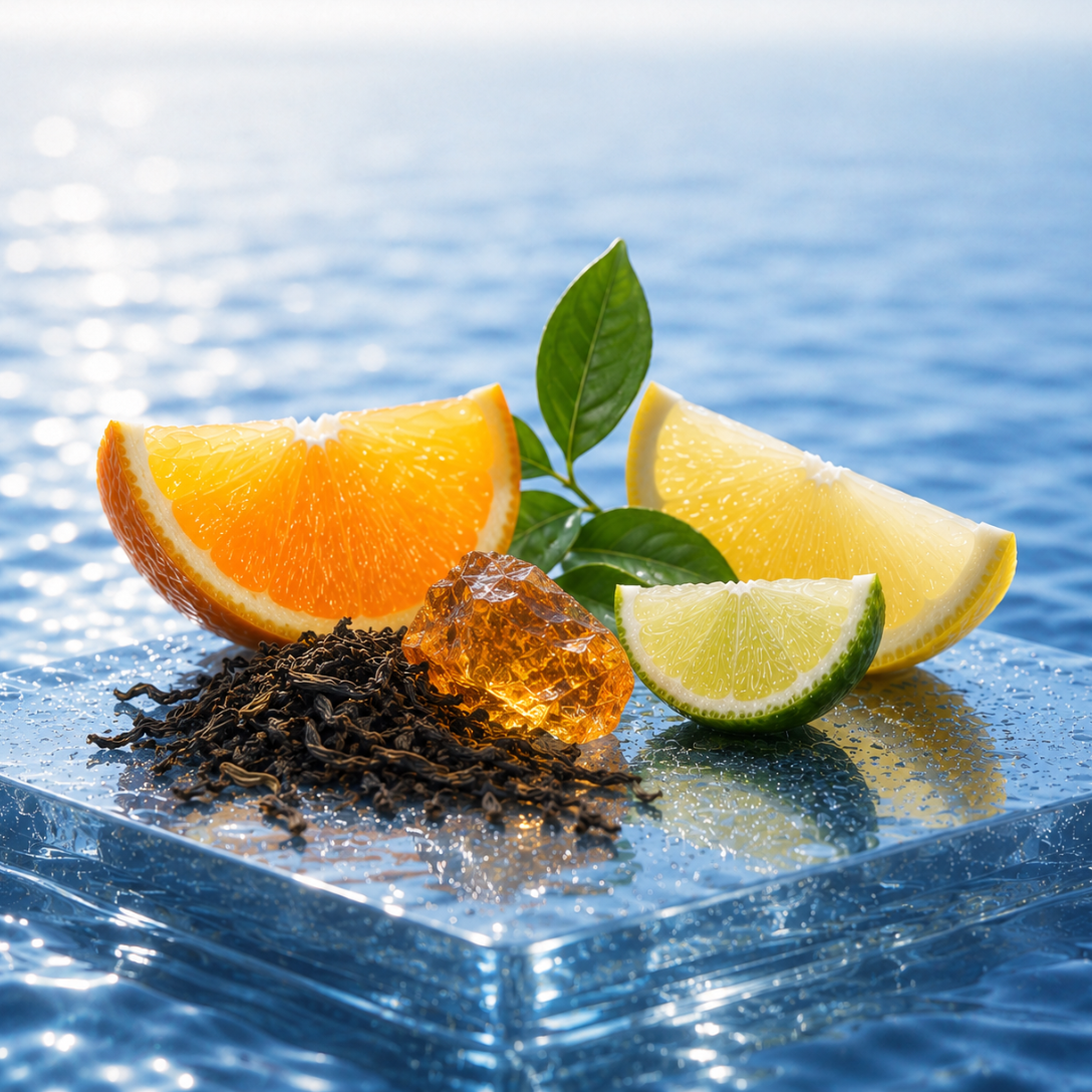 Plasterki pomarańczy, cytryny i limonki z liśćmi czarnej herbaty na szklanej powierzchni z widokiem na morze dla ÉCLAT Black Tea & Citrus Fruits.