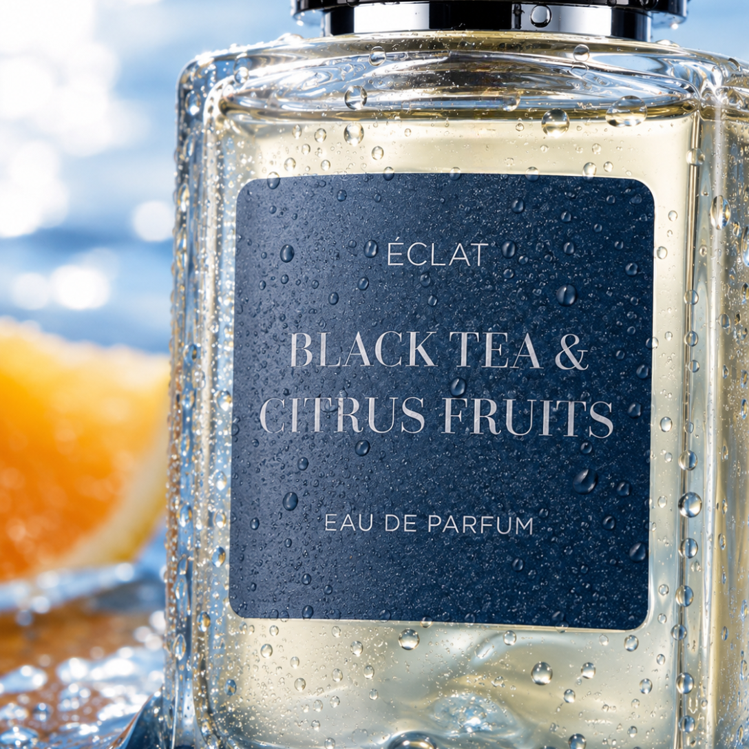 Fasetowana szklana butelka ÉCLAT Black Tea & Citrus Fruits z ciemnoniebieską etykietą, pokryta kroplami, obok plasterka pomarańczy.