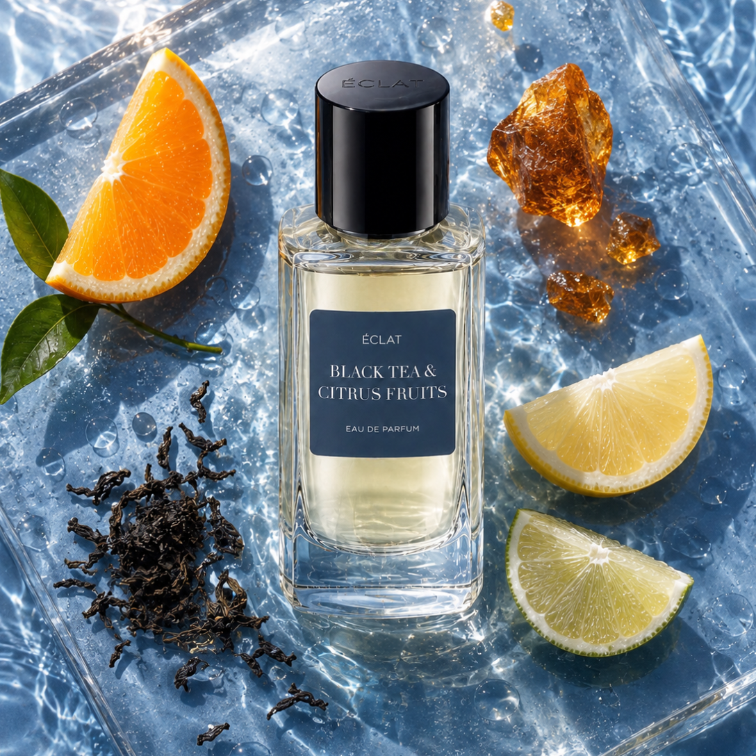 Fasetowana szklana butelka ÉCLAT Black Tea & Citrus Fruits z czarną nakrętką, otoczona plasterkami pomarańczy i cytryny, liśćmi herbaty i żywicą bursztynową na wodnistej powierzchni.
