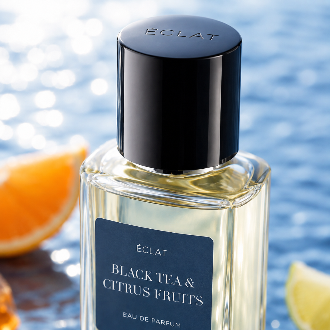 ÉCLAT Black Tea & Citrus Fruits w fasetkowej szklanej butelce z elegancką czarną nakrętką, na rozmytym tle wody i plasterków cytrusów.