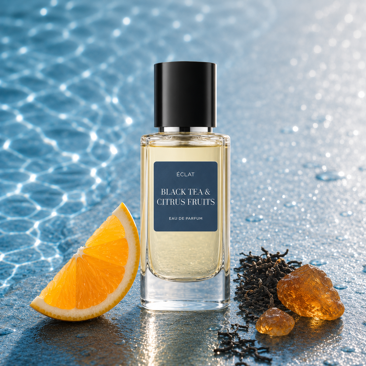 Fasetowany szklany flakon perfum ÉCLAT Black Tea & Citrus Fruits z czarną nakrętką, obok plasterka pomarańczy, liści czarnej herbaty i bursztynu, na lśniącym niebieskim tle.