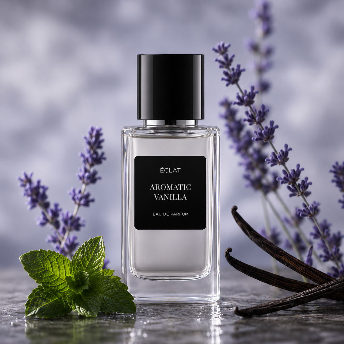 Przezroczysta szklana butelka perfum ÉCLAT Aromatic Vanilla z czarną etykietą, otoczona gałązkami lawendy, świeżymi liśćmi mięty i strąkami wanilii.