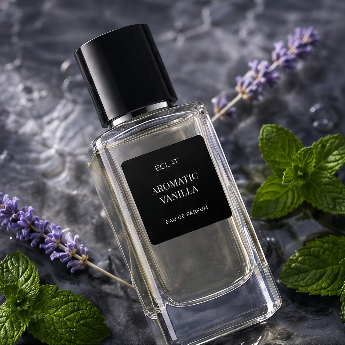 Fasetowana szklana butelka ÉCLAT Aromatic Vanilla z czarnym korkiem jest elegancko ułożona z gałązkami lawendy i świeżymi liśćmi mięty na teksturowanej powierzchni.