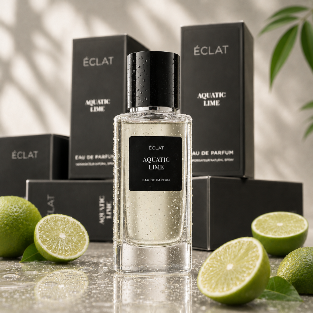 Perfumy ÉCLAT Aquatic Lime są prezentowane w przezroczystym szklanym flakonie z czarną nakrętką, otoczone świeżymi połówkami limonki i eleganckim czarnym opakowaniem.