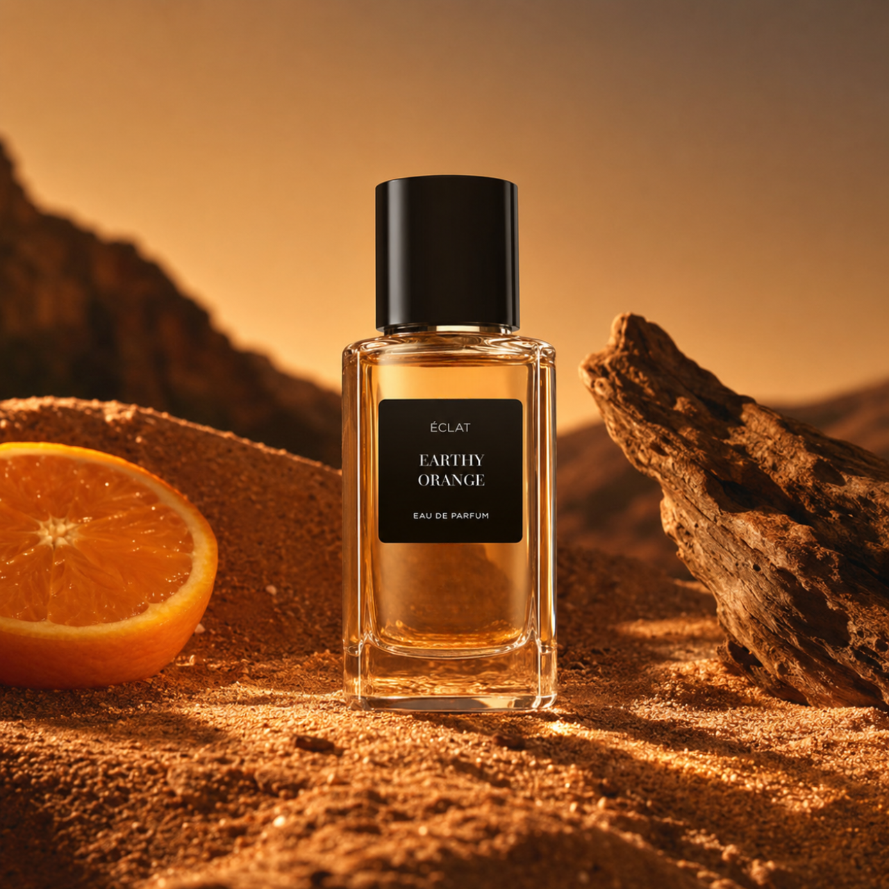 Fasetowany szklany flakon ÉCLAT Earthy Orange z czarną nakrętką, umieszczony na piaszczystym terenie obok plasterka pomarańczy i kawałka drewna, na tle gór.