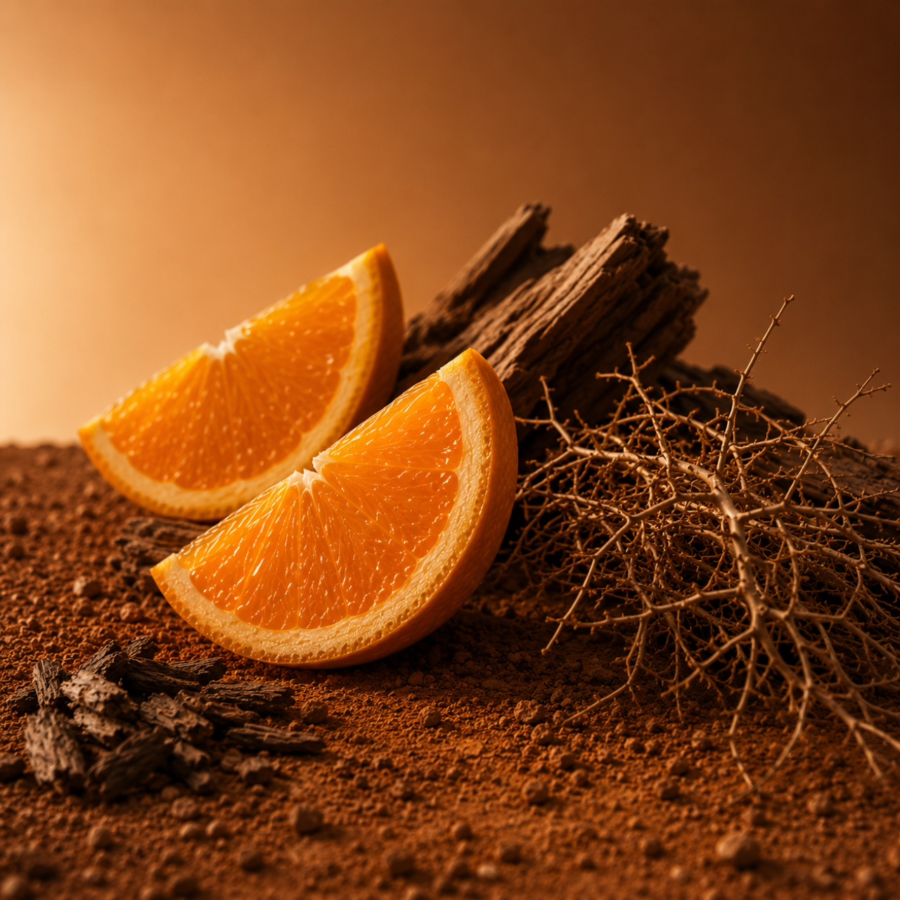 Aranżacja z kawałkami świeżej pomarańczy i elementami ziemistymi na teksturowanym podłożu, wywołująca ÉCLAT Earthy Orange.