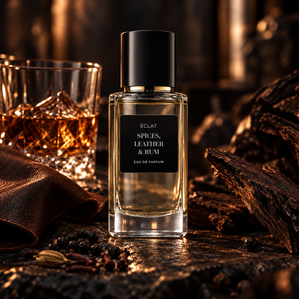 Fasetowany szklany flakon ÉCLAT Spices, Leather & Rum z czarną etykietą znajduje się pośród przypraw i szklanki whisky.