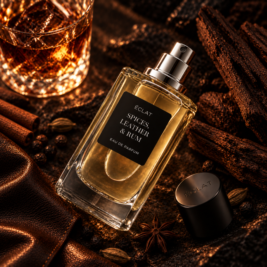 Perfumy ÉCLAT Spices, Leather & Rum w fasetowanej szklanej butelce z matową czarną etykietą, otoczone przyprawami i szklanką rumu.