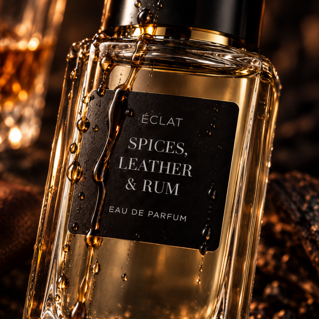 Fasadowa szklana butelka z czarną matową etykietą z nazwą ÉCLAT Spices, Leather & Rum, ozdobiona kroplami, ze złotym korkiem.
