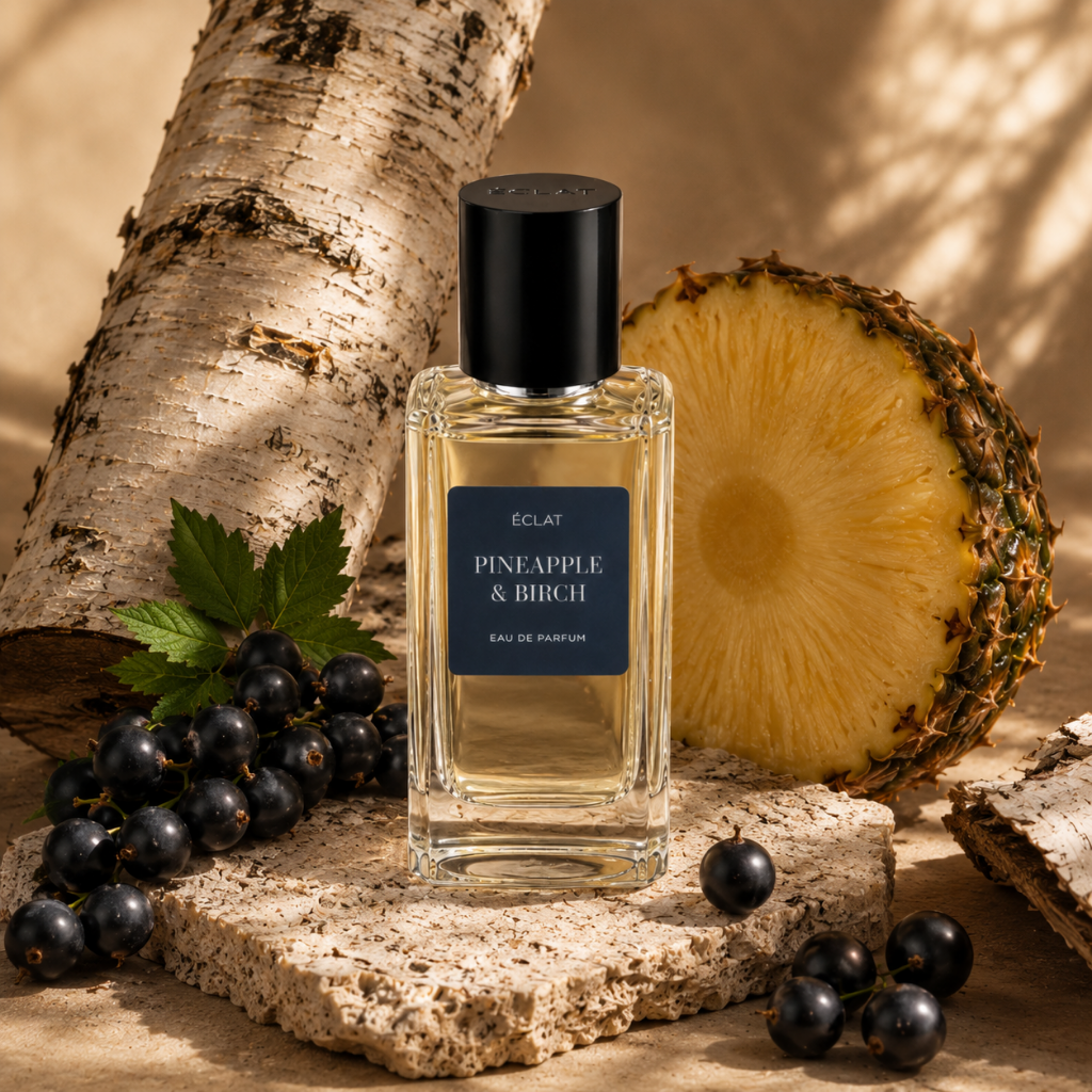 Fasetowana szklana butelka ÉCLAT Pineapple & Birch z czarną nakrętką, otoczona pniem brzozy, kawałkiem ananasa i czarną porzeczką.