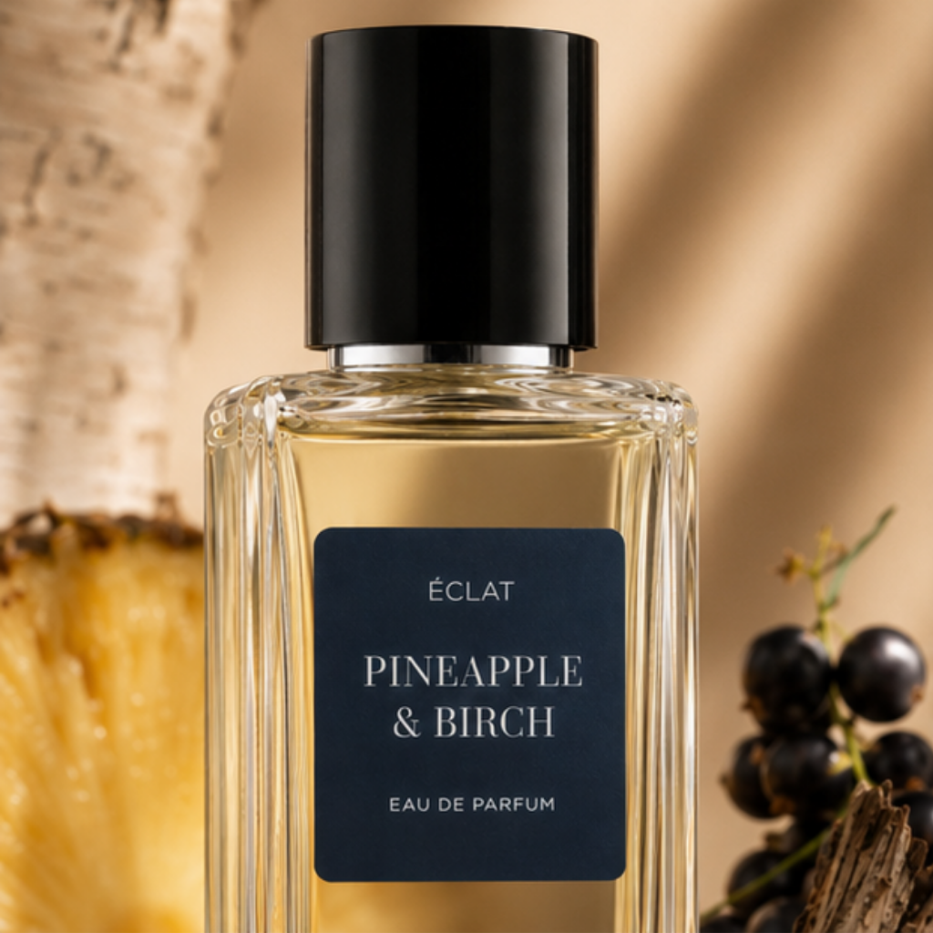 Kawałek ananasa, kora brzozy i czarne porzeczki elegancko ułożone na fakturowanych powierzchniach kamiennych, odzwierciedlające esencję ÉCLAT VIP - Pineapple & Birch.