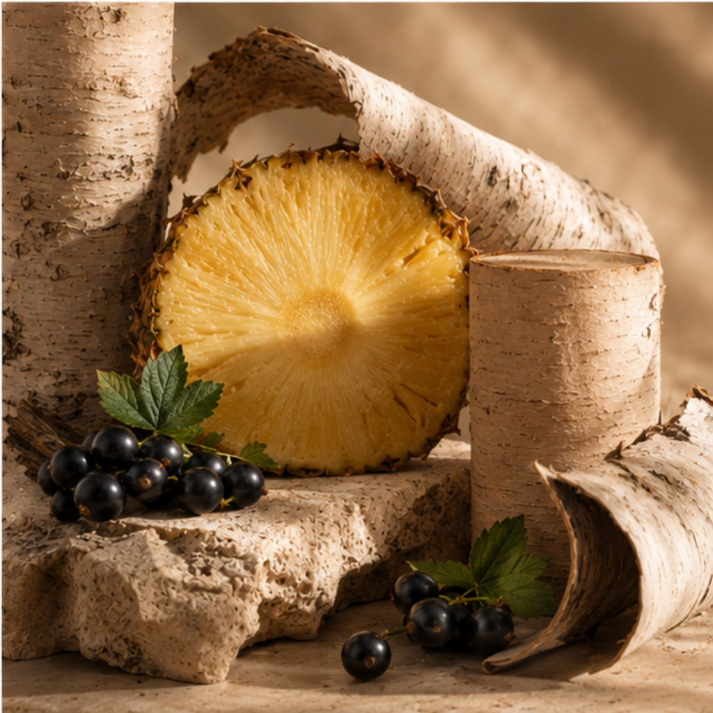 Fasetowana szklana butelka ÉCLAT Pineapple & Birch z czarną nakrętką i matową etykietą na neutralnym tle.