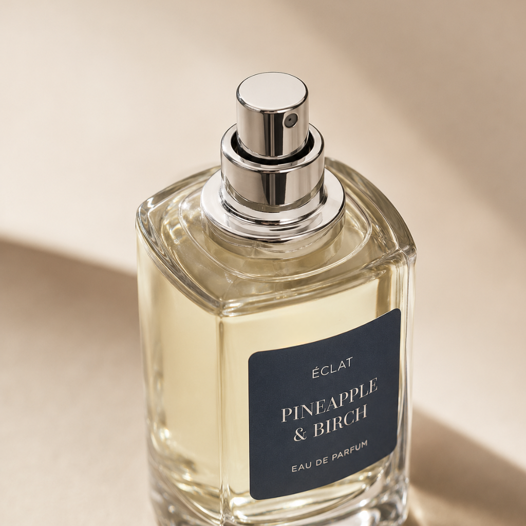 Fasetonowana szklana butelka ÉCLAT Pineapple & Birch z srebrnym korkiem i ciemną etykietą.