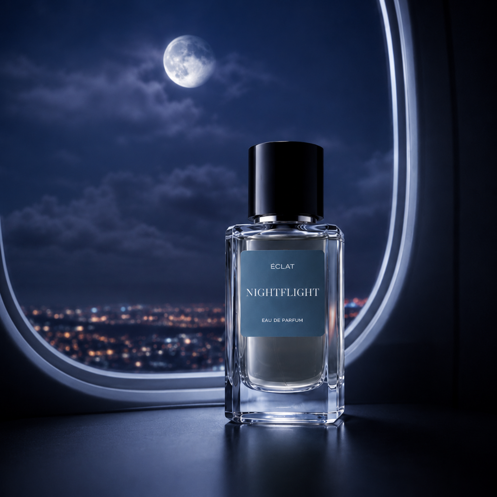 Fasetowany szklany flakon ÉCLAT Nightflight z czarną nakrętką na tle okna samolotu z widokiem na panoramę miasta i oświetlone przez księżyc niebo.