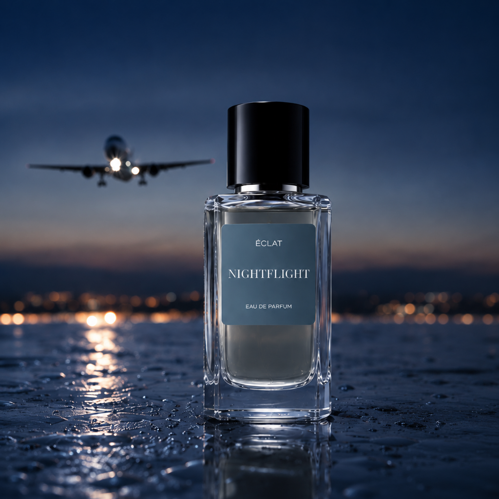 ÉCLAT NIGHTFLIGHT Eau de Parfum w fasetowanej szklanej butelce z czarną zakrętką, na tle dramatycznego nocnego nieba z samolotem.