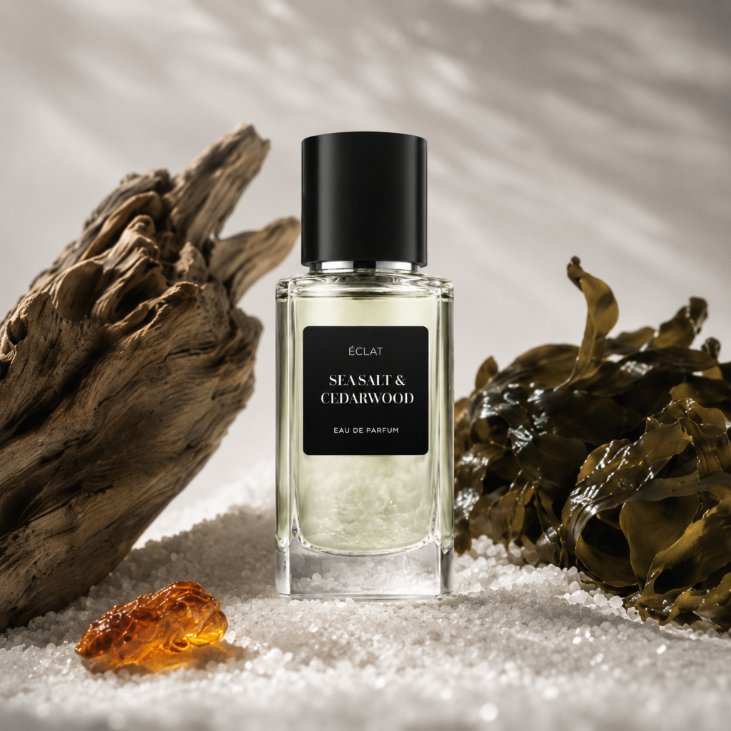 ÉCLAT Sea Salt & Cedarwood w przezroczystej szklanej butelce z czarną zakrętką, otoczonej drewnem, wodorostami i bursztynem na białym piasku.