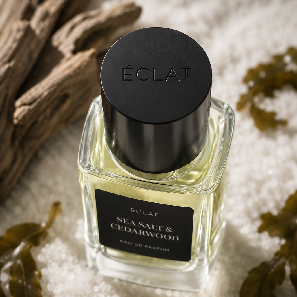 Facetowana szklana butelka ÉCLAT Sea Salt & Cedarwood z czarną nakrętką, otoczona dryfującym drewnem i wodorostami.