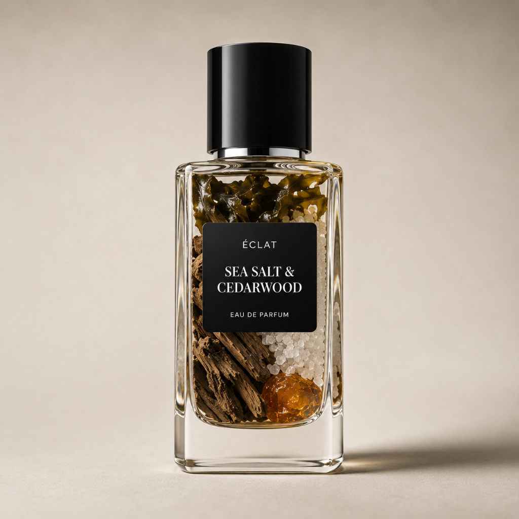 Szkło o fasetowanej formie ÉCLAT Sea Salt & Cedarwood z czarną matową etykietą i korkiem, zawierające teksturowane elementy w środku.
