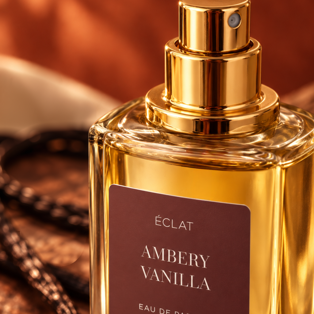 Fasadowa szklana butelka ÉCLAT Ambery Vanilla ze złotą nakrętką rozpylającą i burgundową etykietą, elegancko zaprezentowana.