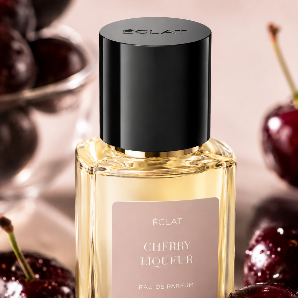 Flakon perfum ÉCLAT Cherry Liqueur z czarną zakrętką, otoczony świeżymi wiśniami.