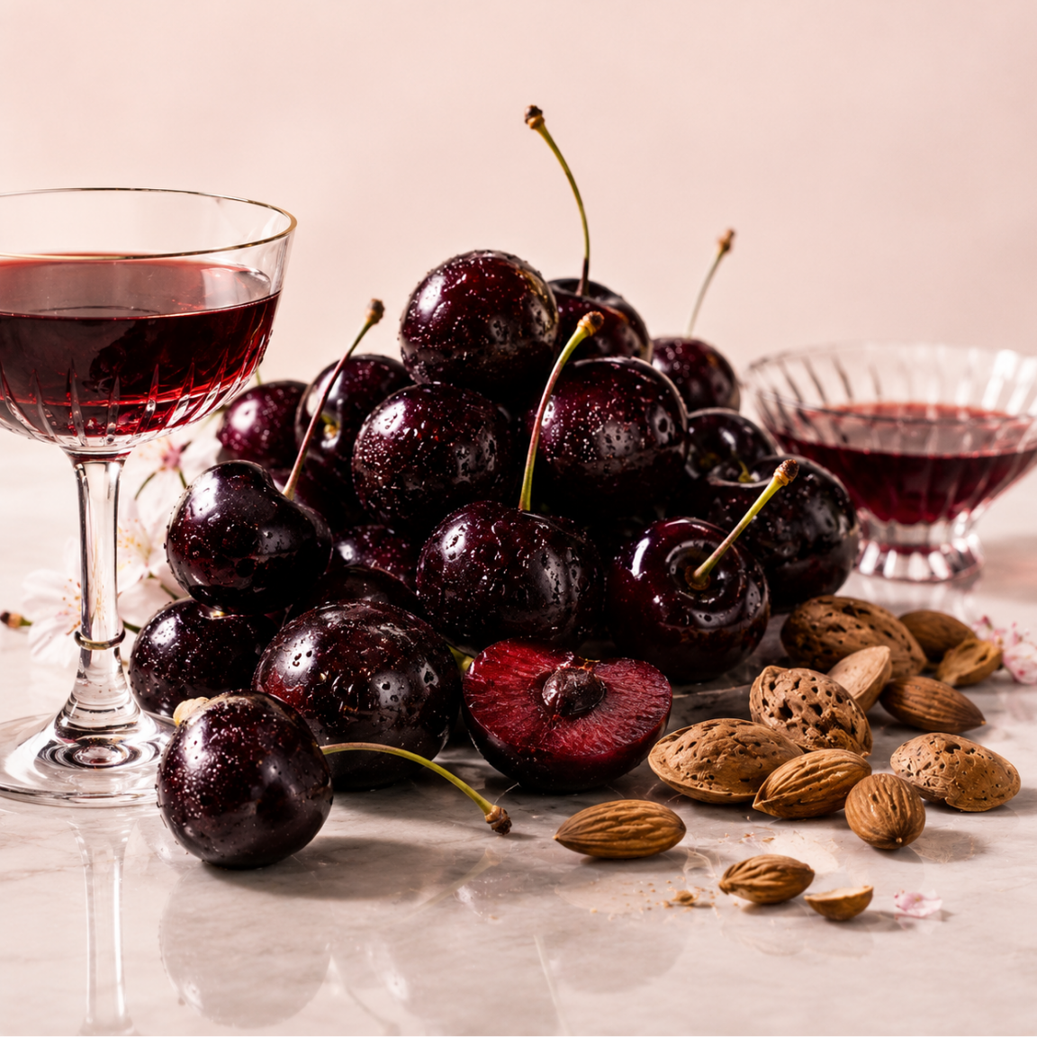 Bogate ułożenie błyszczących wiśni, migdałów i bogatego czerwonego likieru w szklance, oddające istotę ÉCLAT Cherry Liqueur.