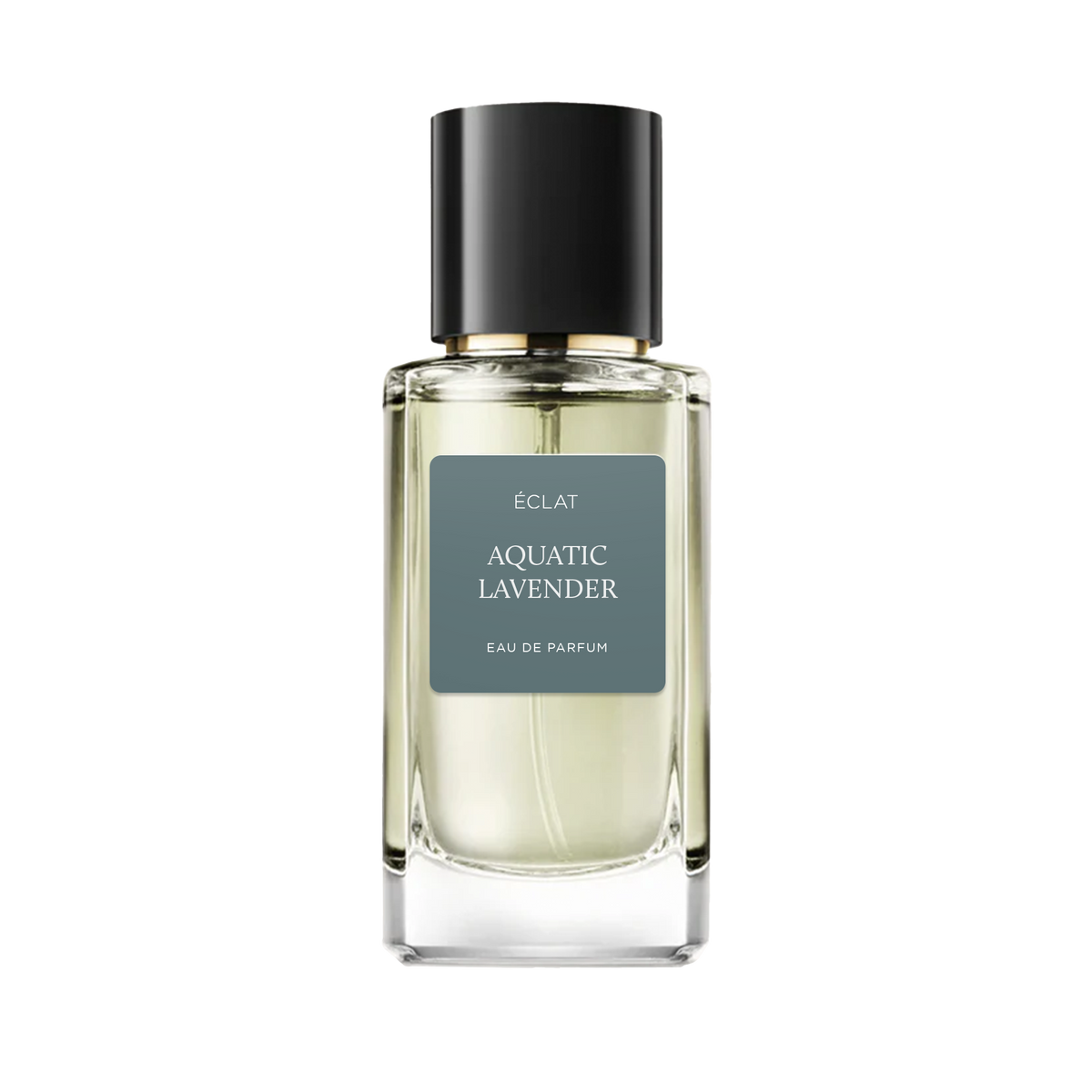 ÉCLAT Aquatic Lavender Eau de Parfum w fasetowanej szklanej butelce z czarną nakrętką i matową etykietą.