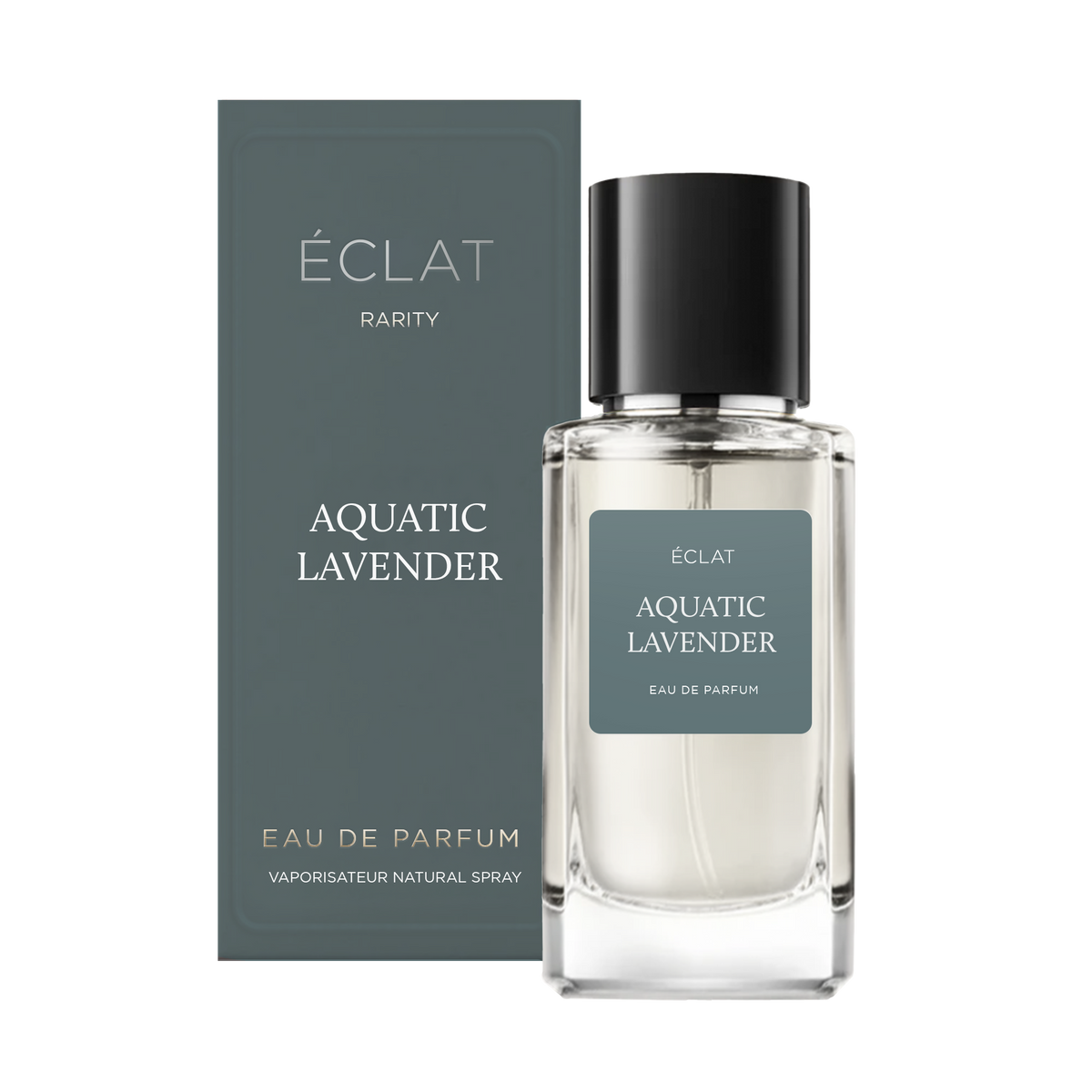 Perfum ÉCLAT Aquatic Lavender z przezroczystą szklaną butelką i czarnym korkiem, obok eleganckiego ciemnoturkusowego pudełka.