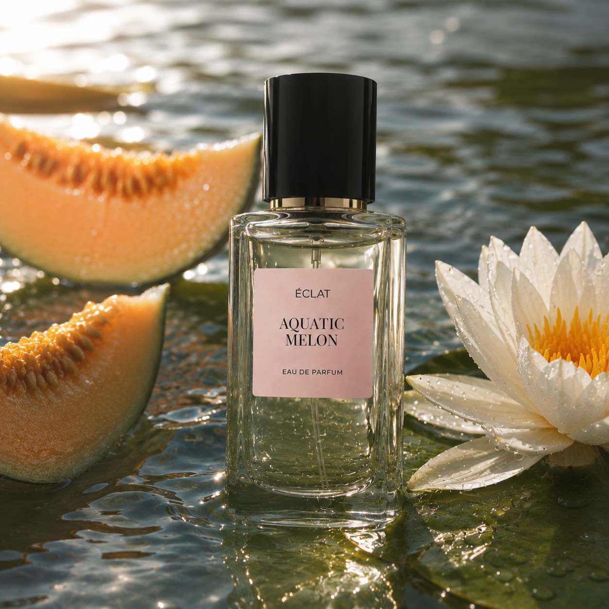 Fasadowa szklana butelka perfum ÉCLAT Aquatic Melon stoi na wodnistym tle, towarzyszą jej kawałki melona i biały lotos.