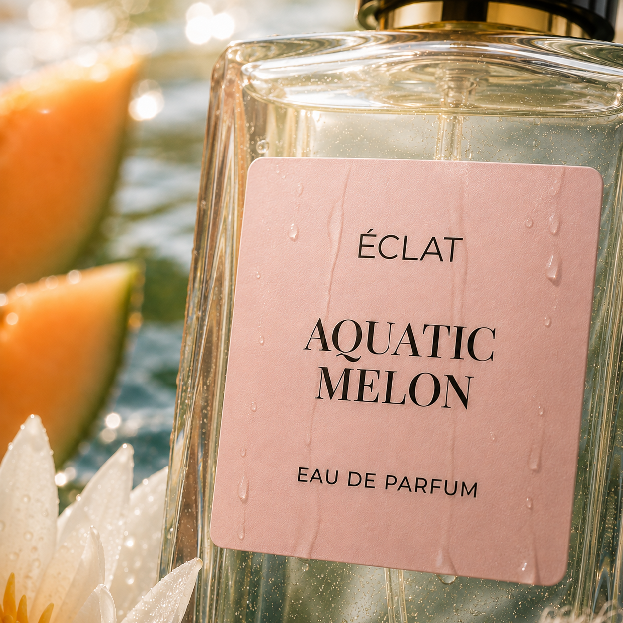 Fasetowana szklana butelka ÉCLAT Aquatic Melon z różową matową etykietą, otoczona wodą i plastrami melona.