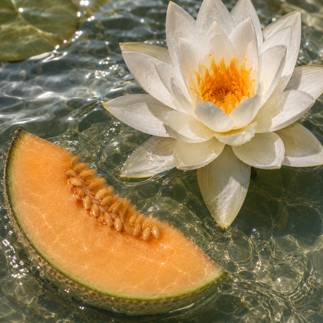 Kawałek dojrzałego melona i biały lilia wodna unosząca się na czystej wodzie, symbolizując ÉCLAT Aquatic Melon.