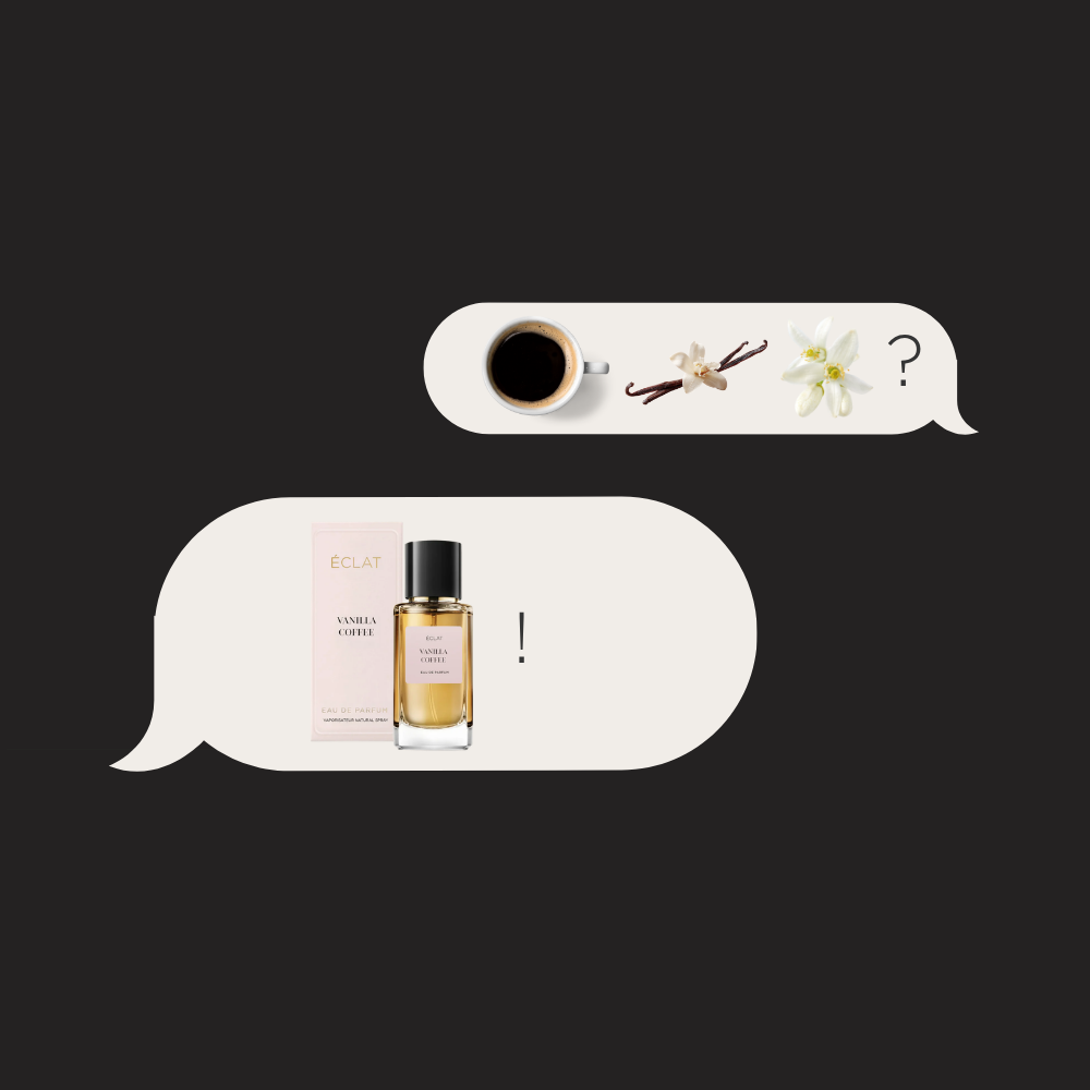 Zapach ÉCLAT Vanilla Coffee z eleganckim flakonem i różowym pudełkiem nad filiżanką kawy, strąkami wanilii i kwiatem.