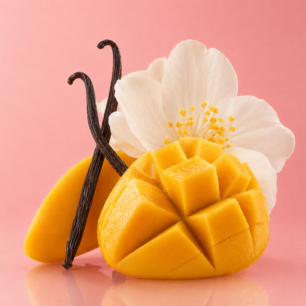 Przekrojone na pół, pokrojone w kostkę mango, dwie laski wanilii i biały kwiat na różowym tle.