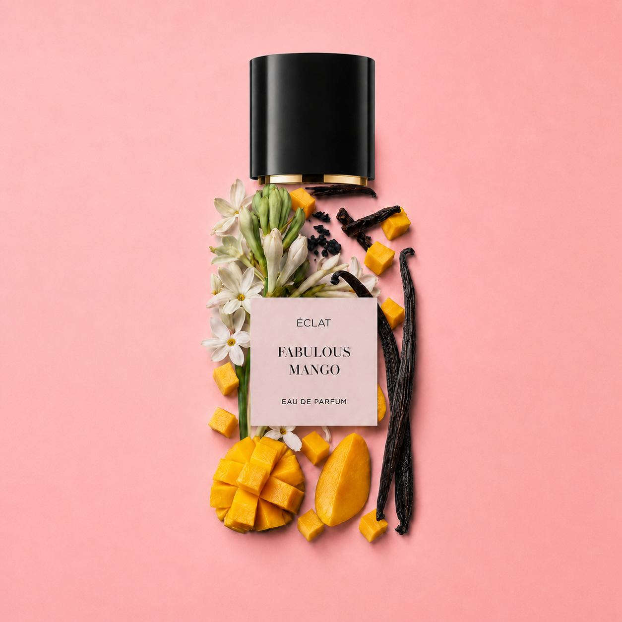 Flakon perfum ÉCLAT Fabulous Mango z czarną nakrętką ozdobiony jest białymi kwiatami, kostkami mango i strąkami wanilii na różowym tle.