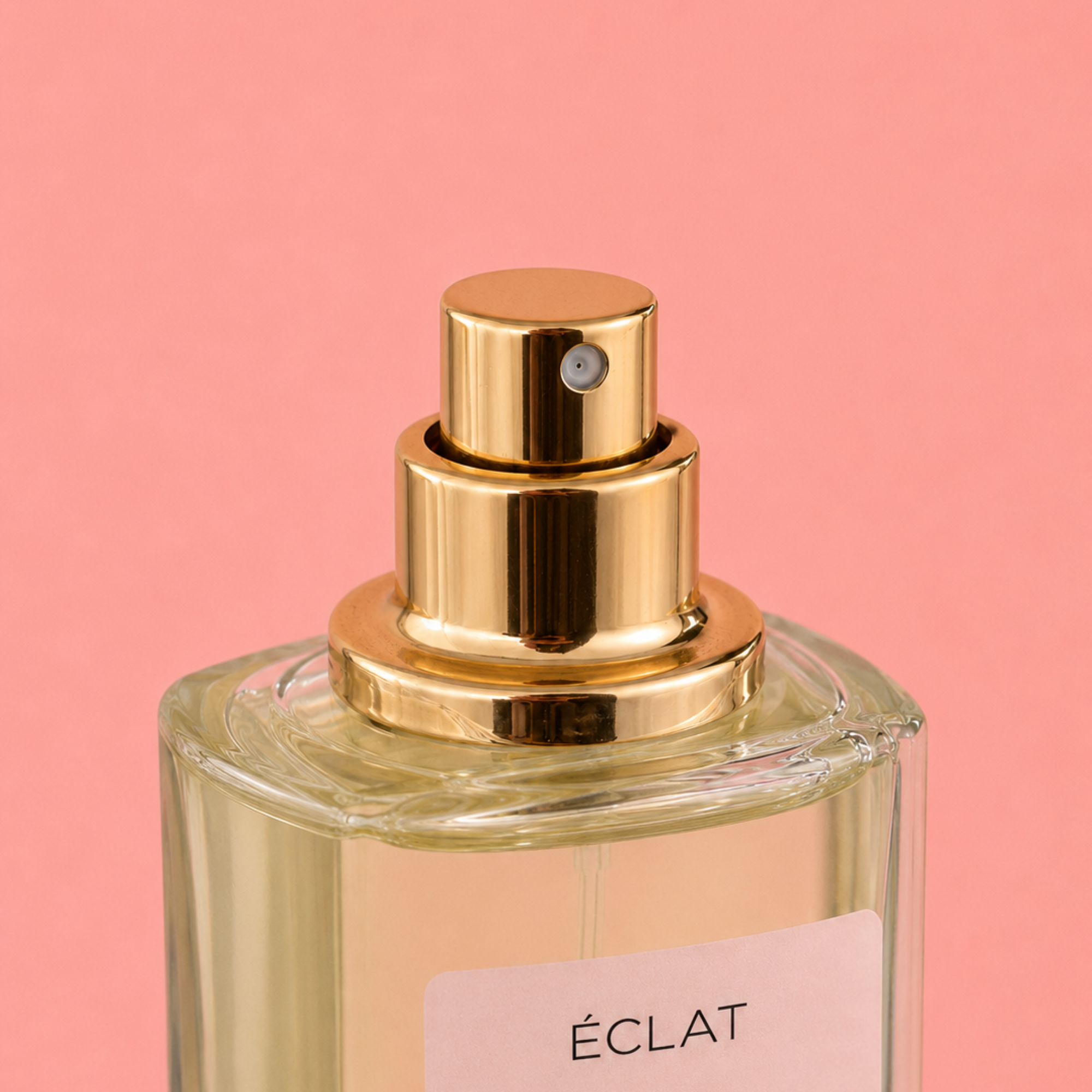 Flakon perfum ÉCLAT Fabulous Mango z złotą dyszą i eleganckim, przezroczystym designem na różowym tle.