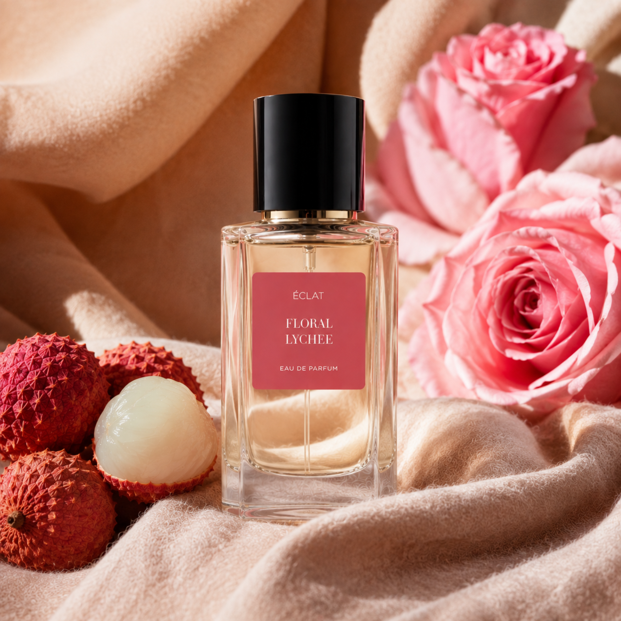 Fasetowana szklana butelka perfum ÉCLAT Floral Lychee z czarnym korkiem, otoczona świeżymi liczi i różowymi różami na miękkiej tkaninie.