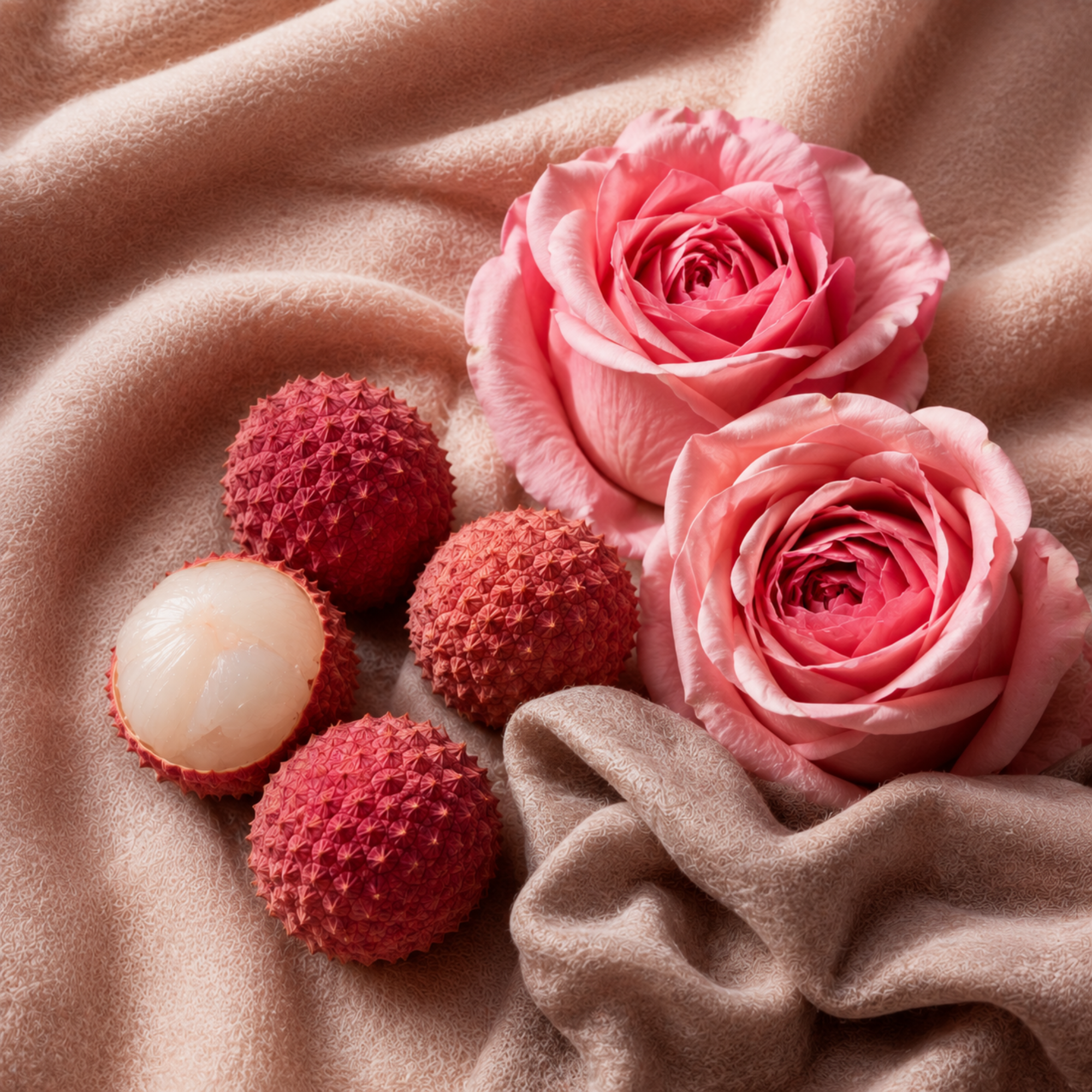 Aranżacja różowych róż i liczi elegancko ustawionych na miękkiej beżowej tkaninie, reprezentująca ÉCLAT Floral Lychee.