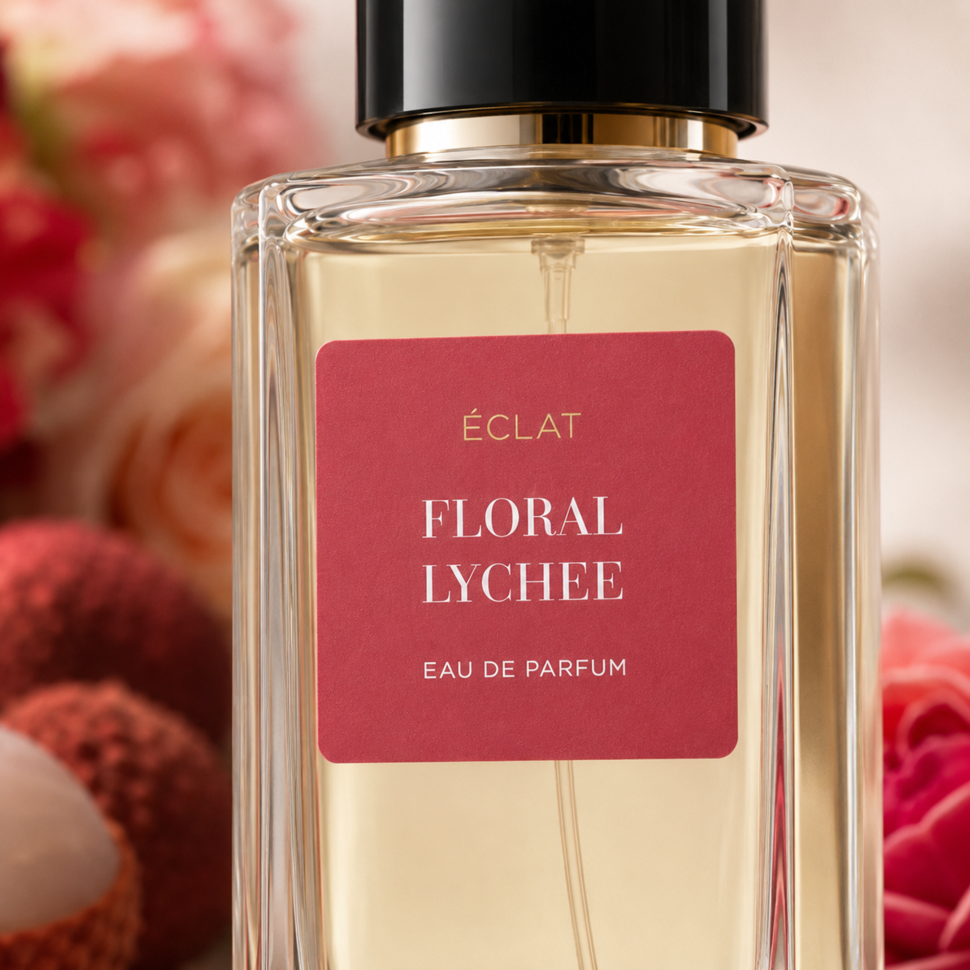 Fasetowany szklany flakon z czarną nakrętką i czerwoną etykietą z napisem ÉCLAT Floral Lychee, otoczony rozmytymi elementami kwiatowymi.