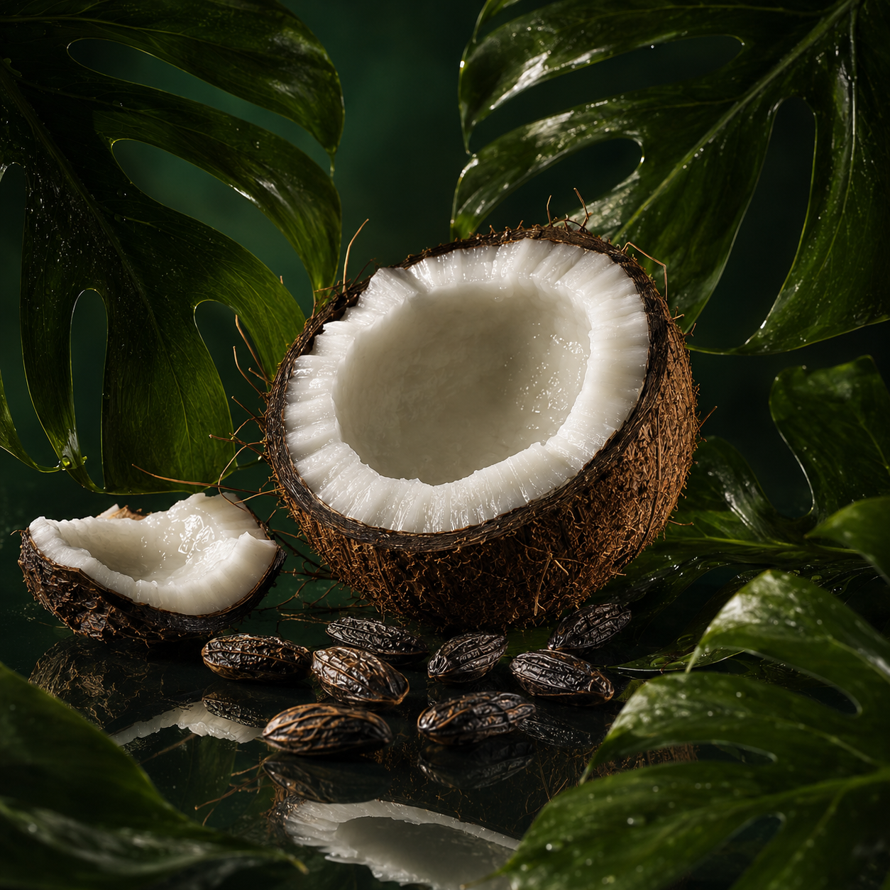 Rozcięty kokos otoczony bujnymi zielonymi liśćmi i fasolką tonka, przywołujący esencję ÉCLAT Green Coconut.